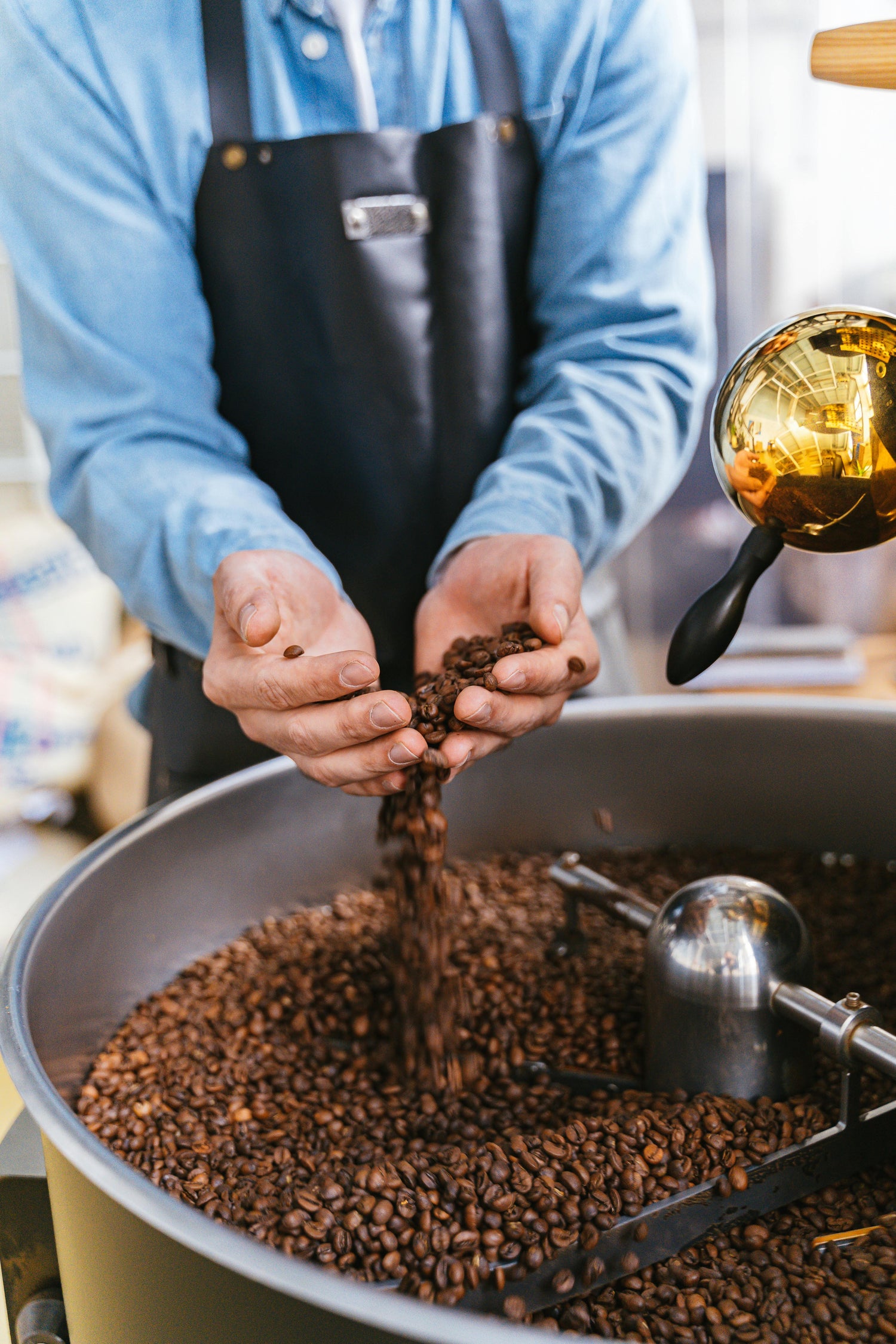 Mann lässt frisch geröstete Kaffeebohnen durch die Hände gleiten – ein sinnlicher Moment auf der Cofitur-Finca in Kolumbien, Origintrips mit Vera Richartz und Frederic Bertolone